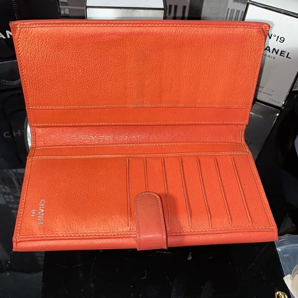 Vintage CHANEL Orange Leather Camellia Chain Wallet (2005)